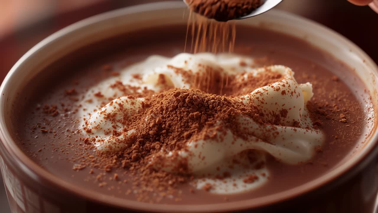 Mano che immerge un cucchiaio nella polvere di cacao e la sparge sulla panna montata sopra il cacao in una tazza sul bancone