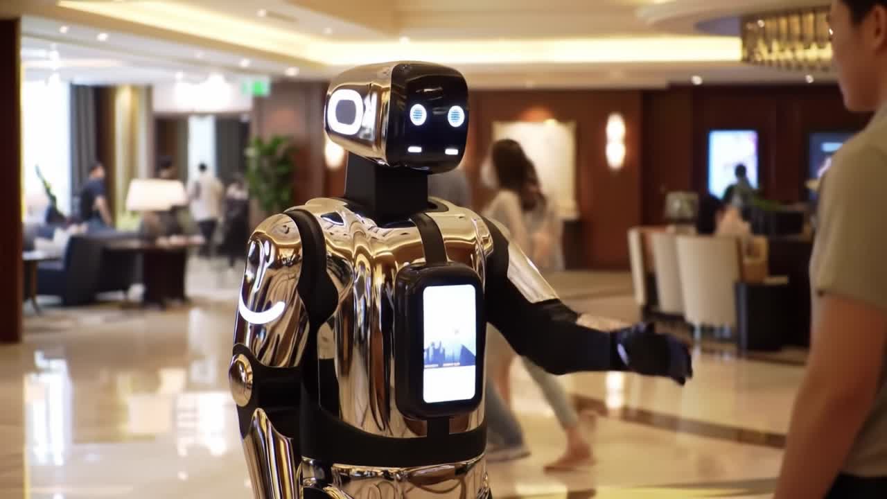 Futuristic Interaction: A Polished Robotic Assistant Engages with a Visitor in a Modern Lobby Setting, Showcasing Advanced AI Technology and Design