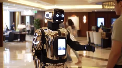 futuristic interaction: a polished robotic assistant engages with a visitor in a modern lobby setting, showcasing advanced ai technology and design
