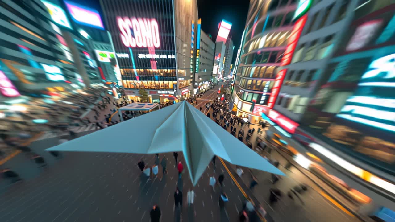 Dynamic aerial view of a large paper airplane gliding above a crowded neon-lit downtown street at night, with fast motion blur and modern urban energy