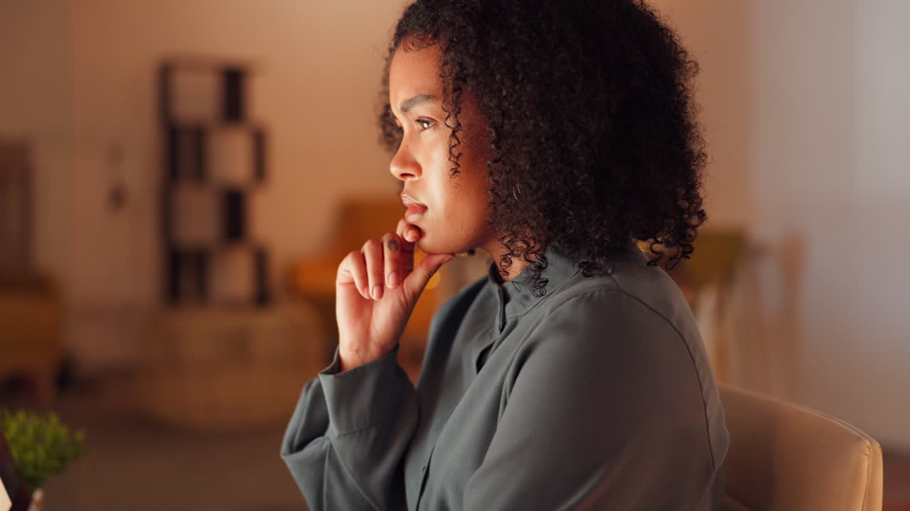 Night, computer and woman thinking