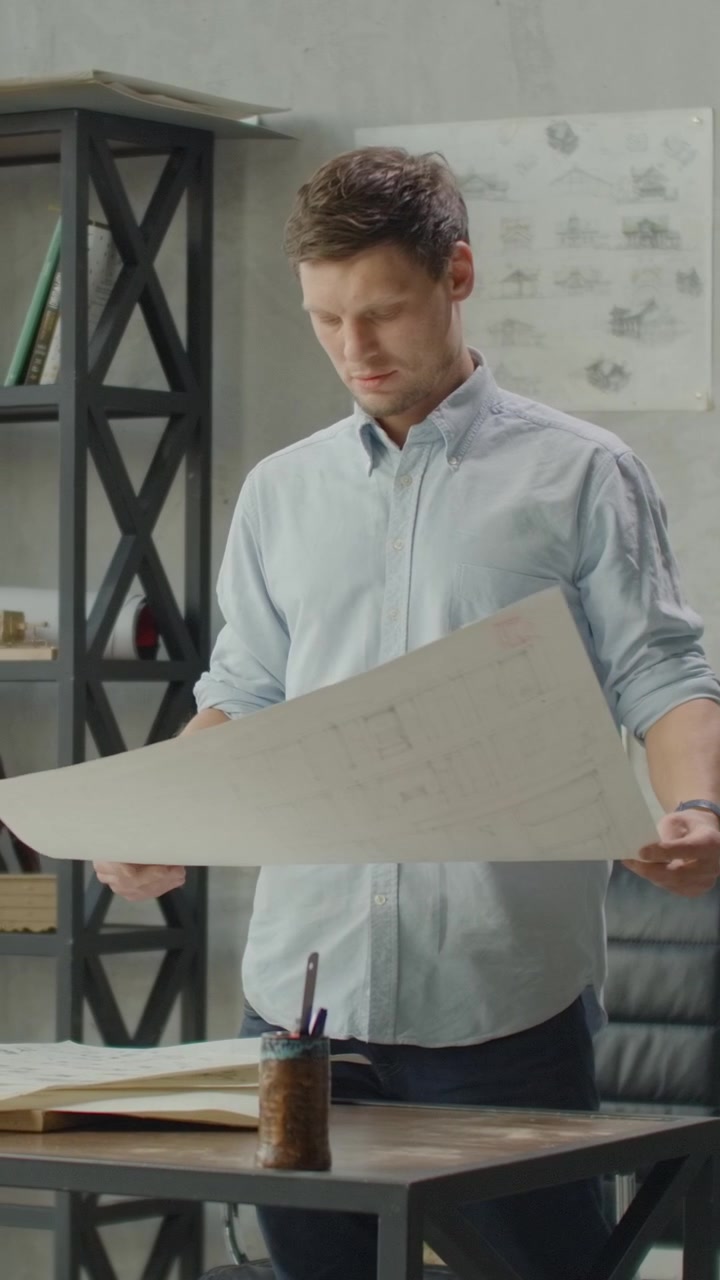 Architect Reviewing Blueprints in Modern Office Studio