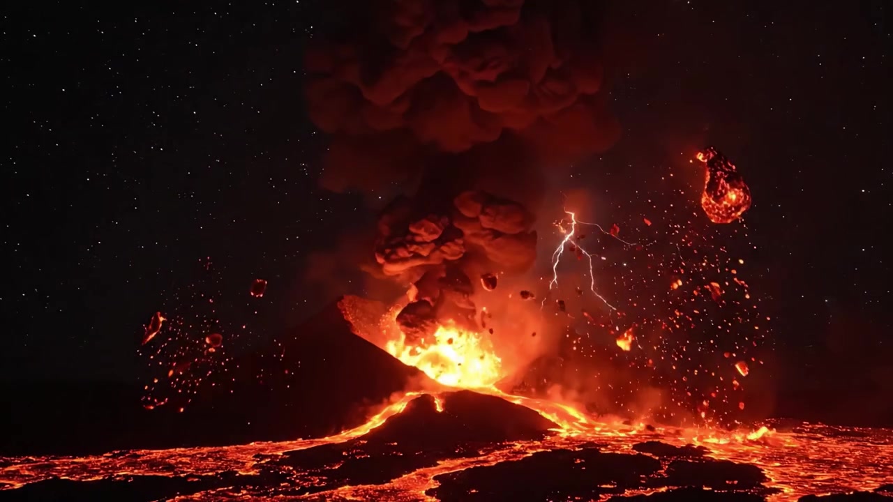 Spektakulärer Vulkanausbruch bei Nacht, in atemberaubenden Details festgehalten, zeigt glühende Lava, aufsteigende Aschewolken und dynamische Blitze vor einem Sternenhimmel.
