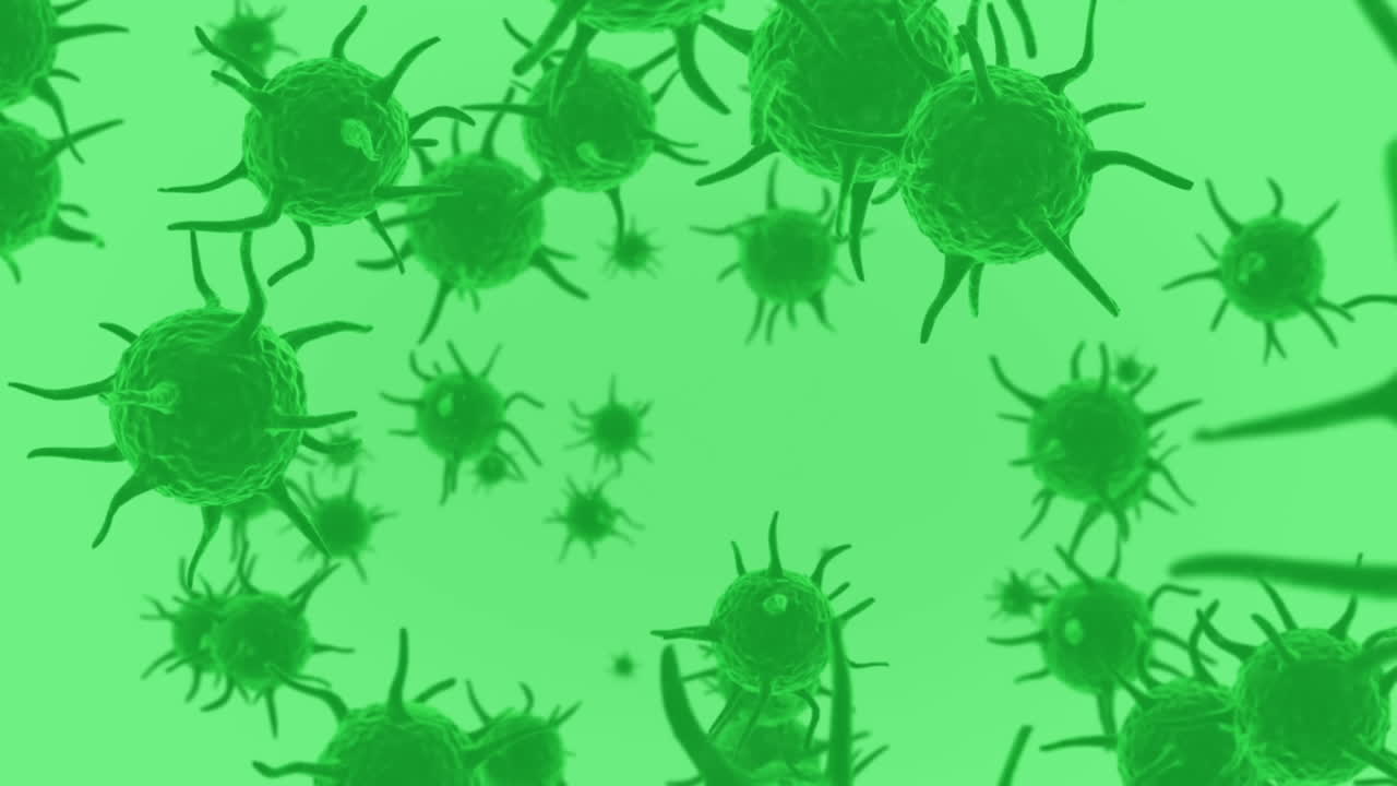 Animazione di macro cellule di coronavirus che si diffondono su sfondo verde
