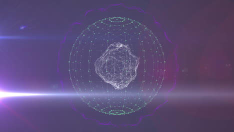 animación de puntos de luz brillantes y globo con procesamiento de datos y conexiones en fondo oscuro