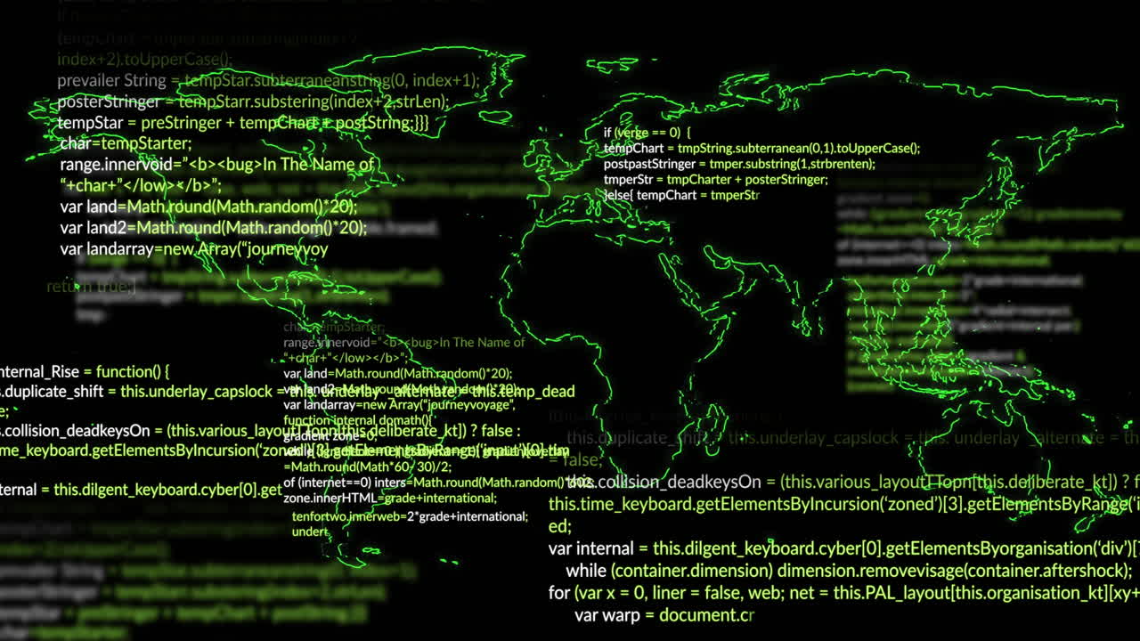 Green coding animation over world map on black background