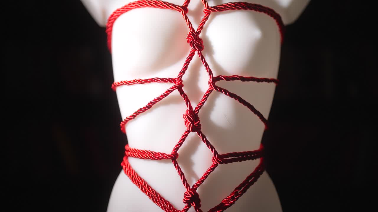 una toma oscura y sensual en cámara lenta de un maniquí blanco envuelto en cuerdas de seda roja shibari, arte japonés