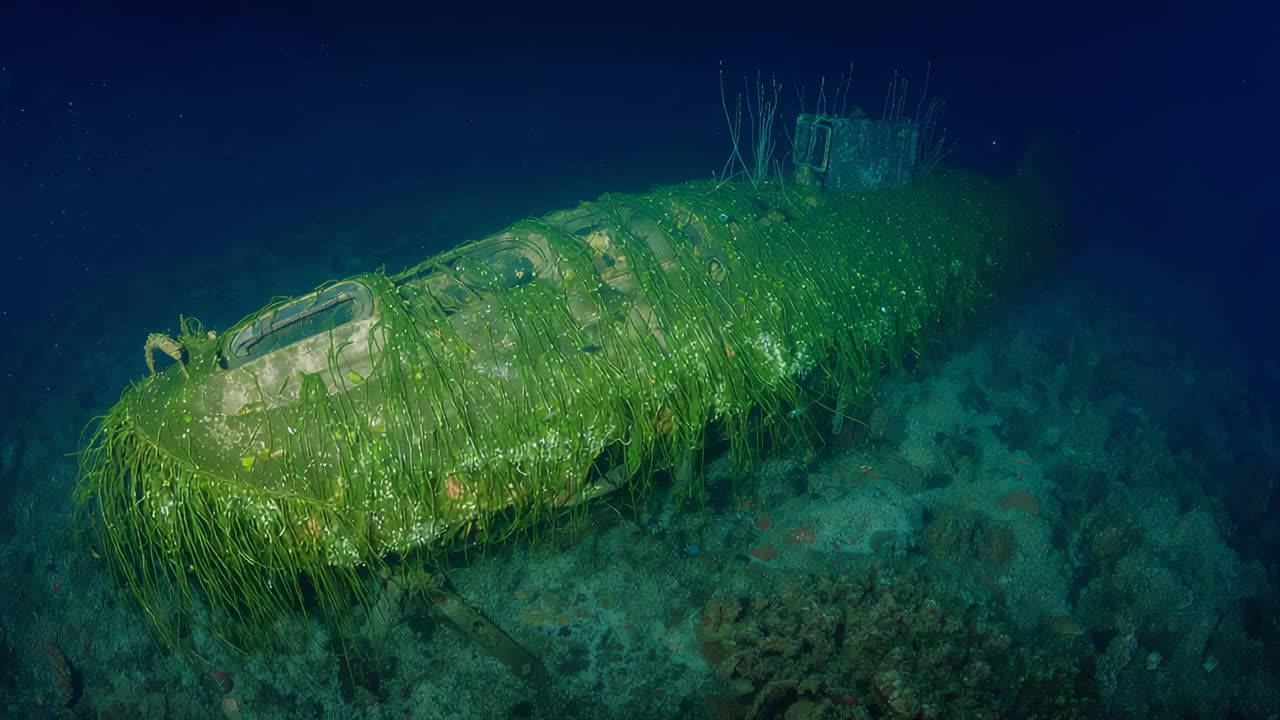 Pilot commanding ROV camera surveying fuselage on seafloor, lights revealing algae growth