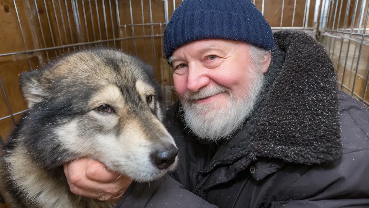A Heartwarming Moment: A Smiling Man with a Beautiful Wolf-Like Dog in a Cage, Showcasing the Bond Between Humans and Animals in a Captivating Setting