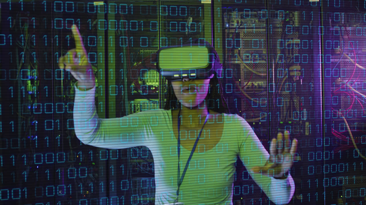 Animation of data processing over african american female worker with vr headset in server room