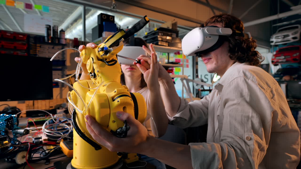 Young man and woman in VR glasses doing experiments in robotics in a laboratory. Robot and tools on the table. Translation from Romanian language on red sign "keep the workplace clean"