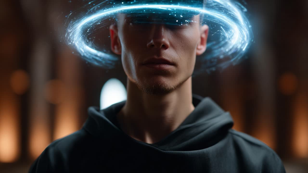 En ung mann står i en mystisk atmosfære, en glødende ring svever rundt hodet hans, symboliserer energi, tanker og forbindelsen til en annen dimensjon
