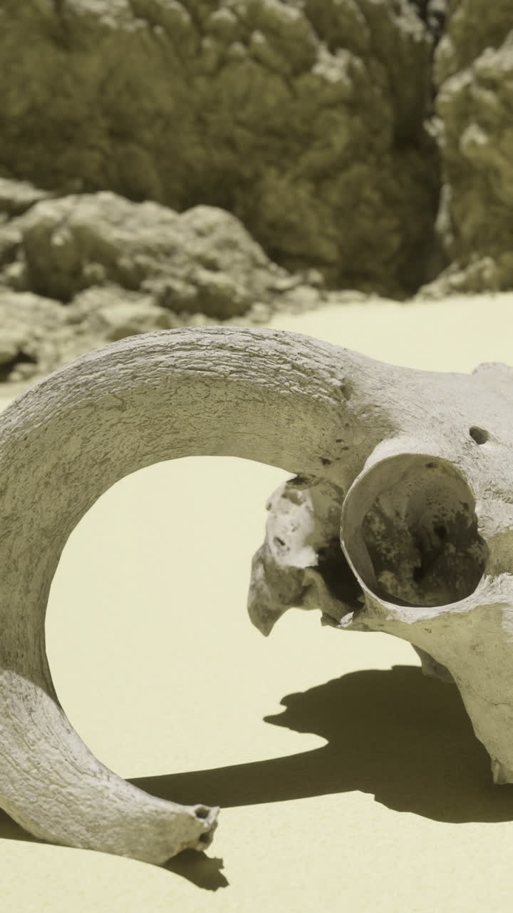 Ørkenkranium hviler på sand med stenet baggrund, der viser stærkt sollys.