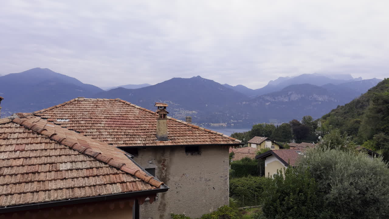 Italian Village View with Mountains and Lake