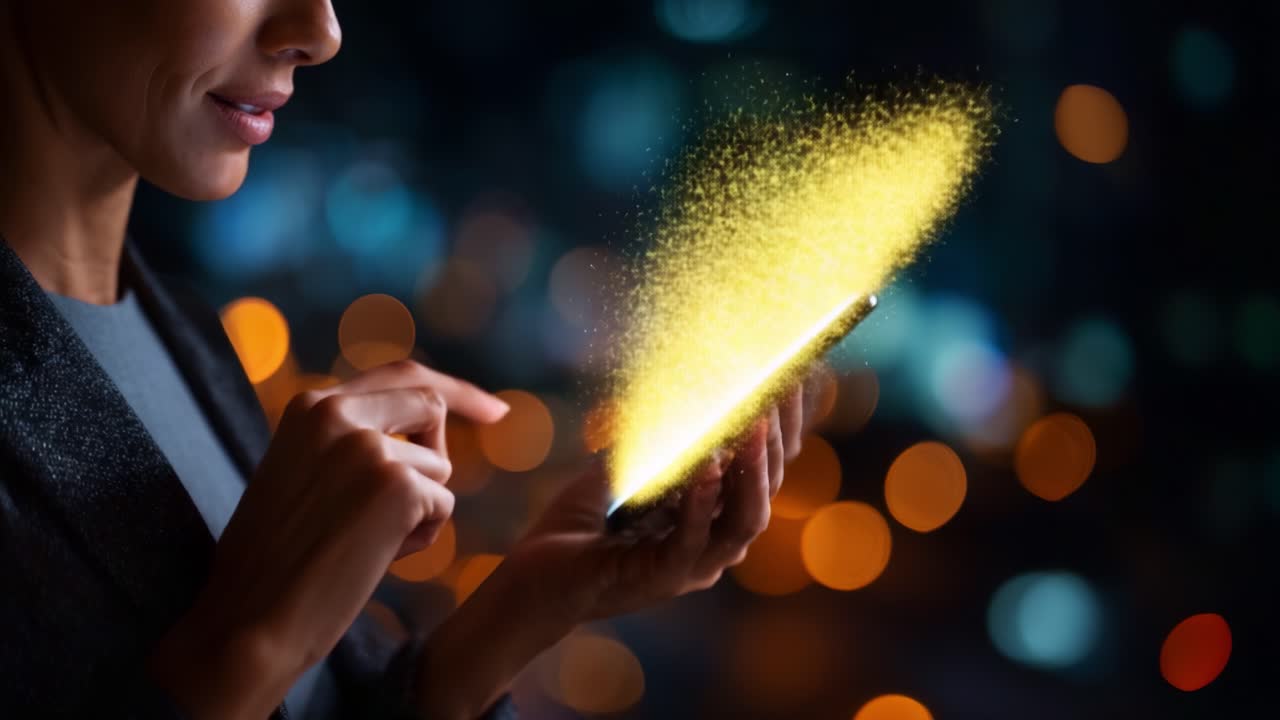 Eine Person interagiert mit einem Smartphone und erzeugt einen magischen Lichtblitz vor einem verschwommenen Hintergrund der Stadt, der Technologie und Kreativität in Verbindung symbolisiert