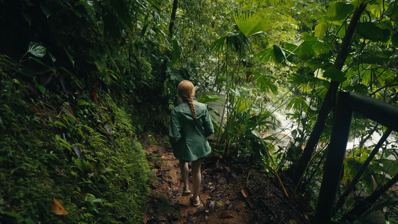 Woman walking through a lush rainforest trail