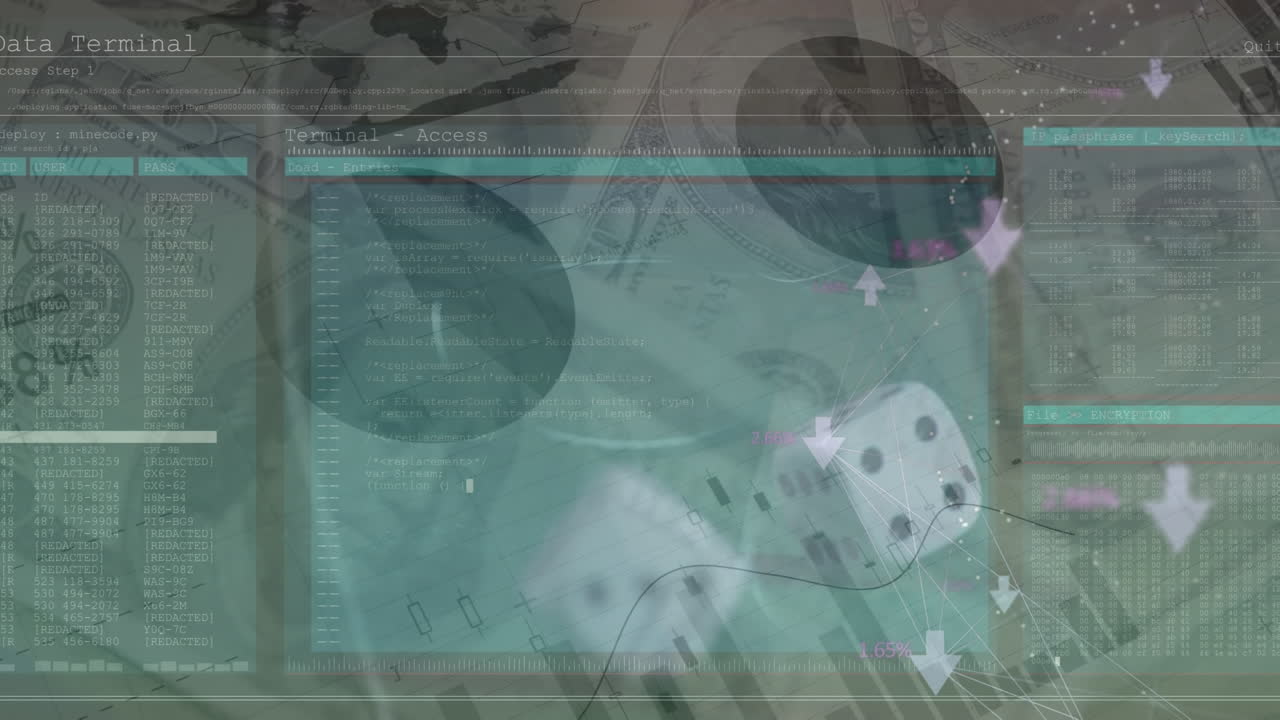 Animation of data processing over dices and banknotes