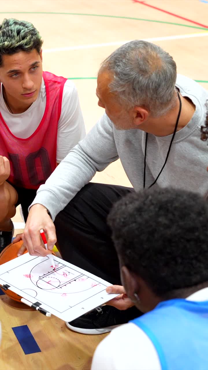 Basketball Coach Explains Strategy to Team
