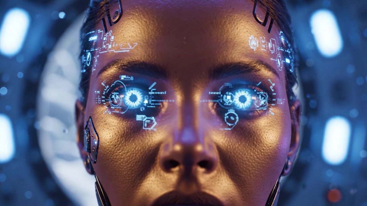 Un ritratto iperrealistico di un'androide femmina con caratteristiche futuristiche e sorprendenti occhi blu catturato in un ambiente fantascientifico in un'atmosfera mistica