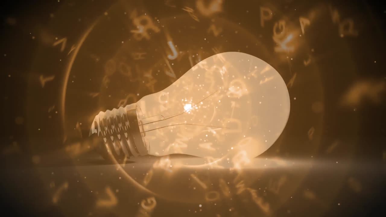 갈색 원 위에 회전하는 전구와 글자의 애니메이션