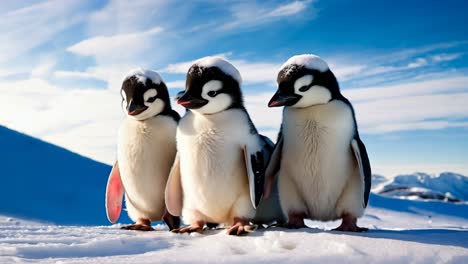 tres pingüinos bebés de pie en la parte superior de un suelo cubierto de nieve