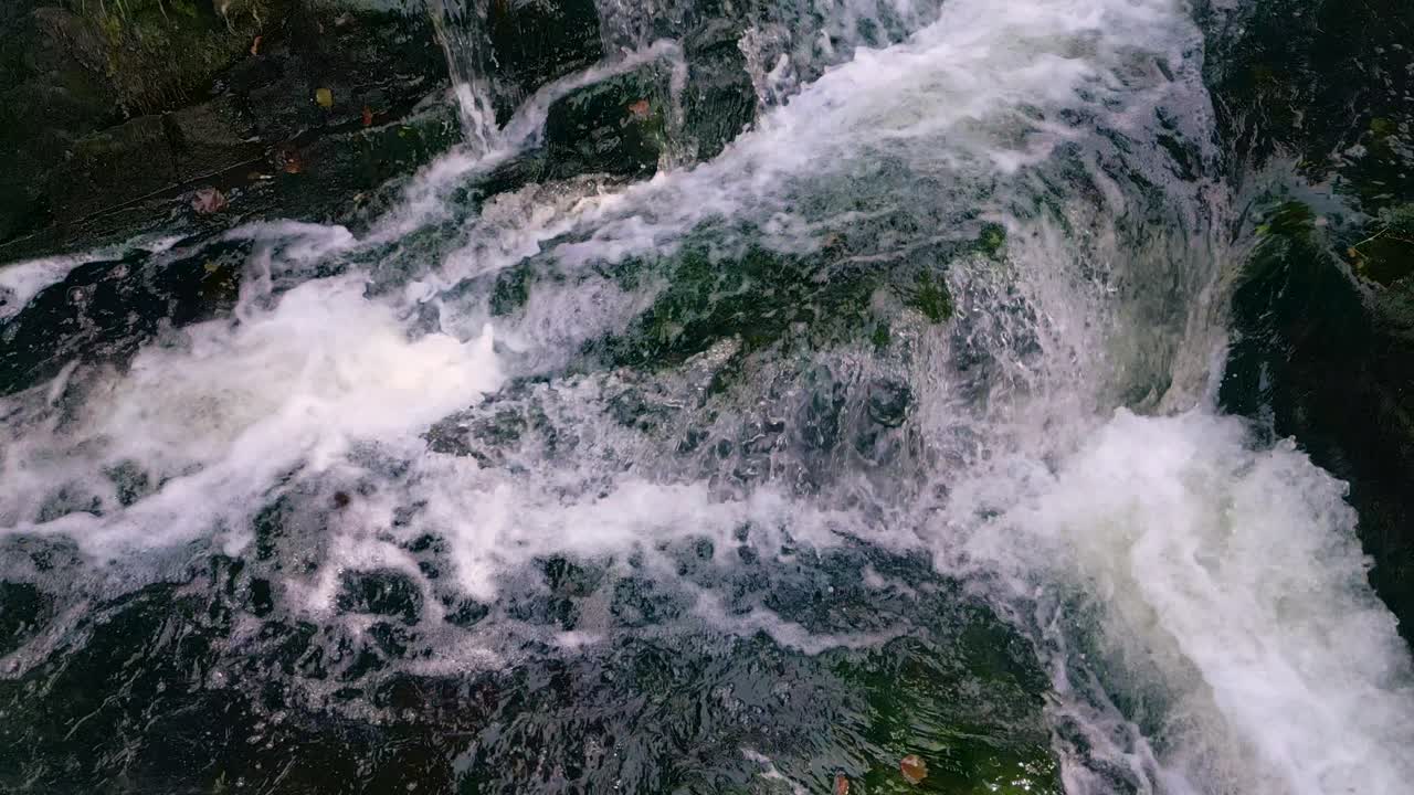 Stream Over Rocks Covered With Moss In A Rocky River