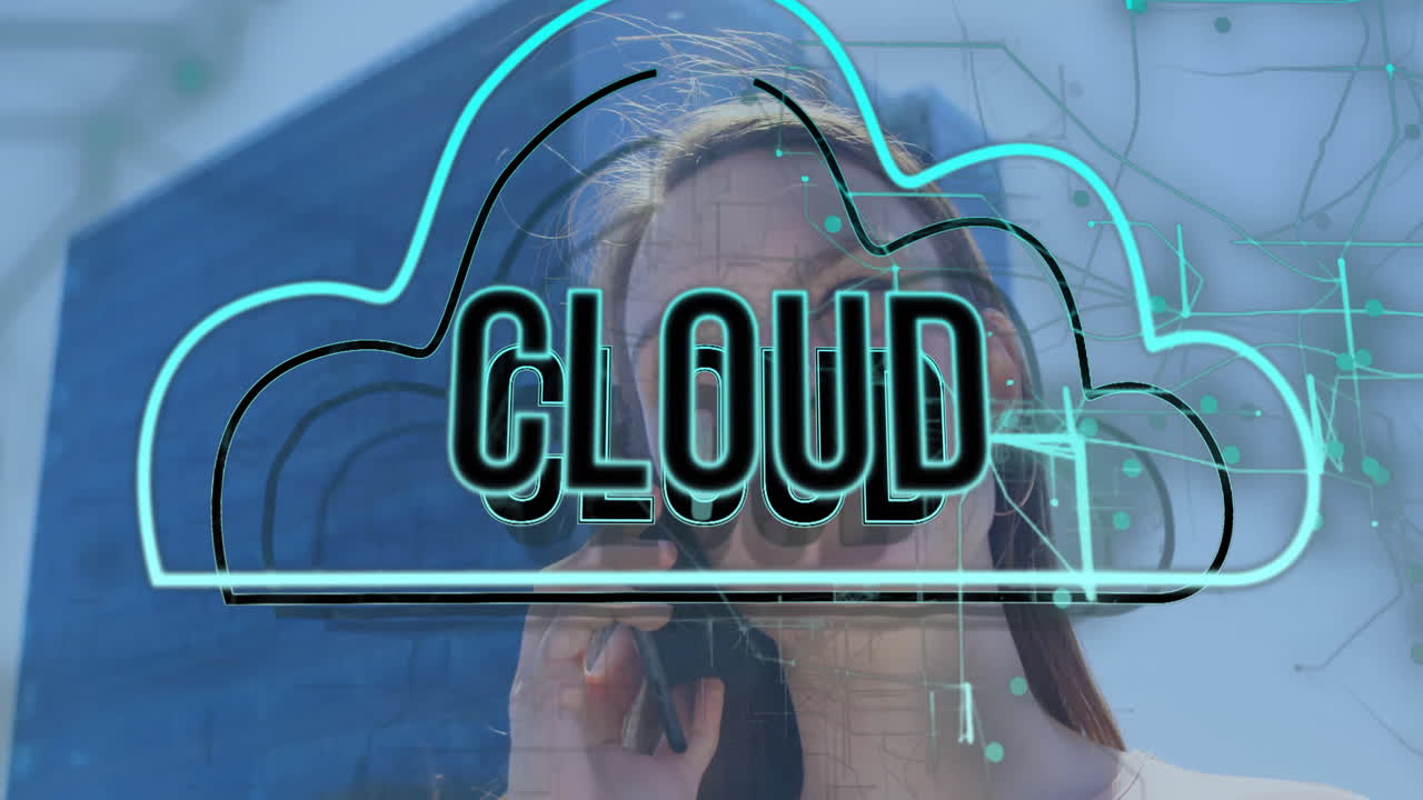 woman using headset holding smartphone to ear in technology studio, showing neon CLOUD overlay