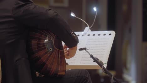 telephoto shot, male artist playing oud strings instrument عو?