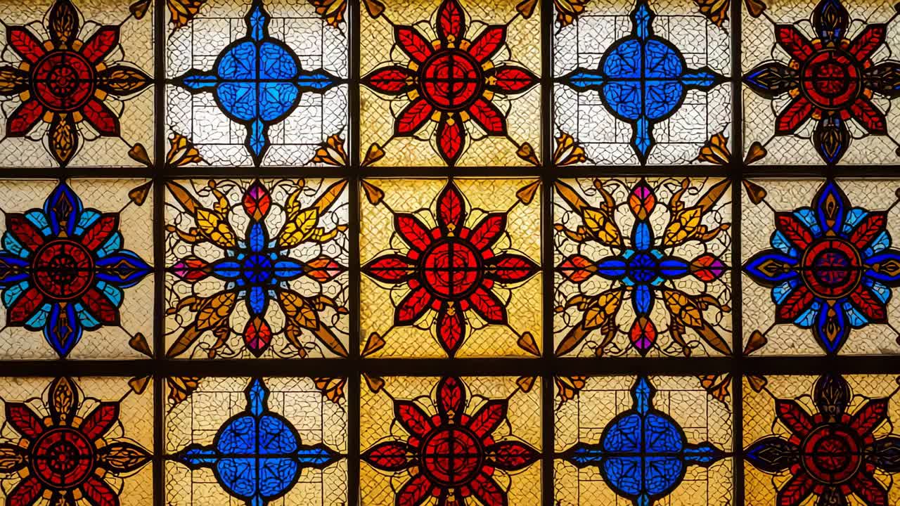 Displaying grid glass mosaic covering chapel wall, featuring red floral medallions and blue motifs