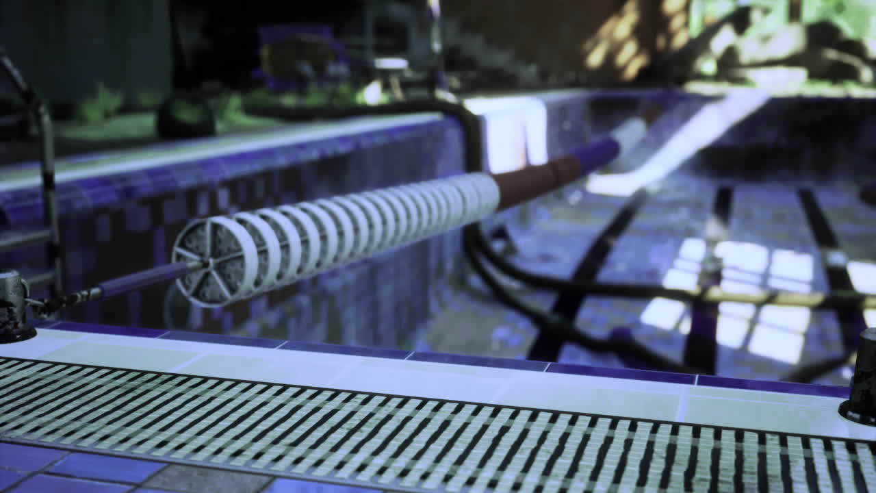 Pool cleaning equipment in action during midday sunshine by the water