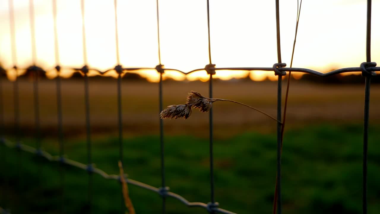 Sunset through a wire fence with a dried plant
