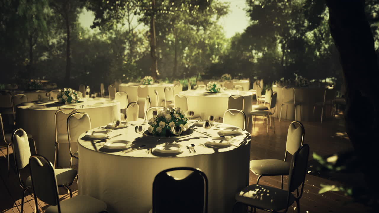 Elegant outdoor dining setup with round tables in lush setting