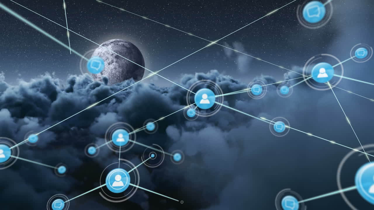 Animation of network of connections with people icons over moon and sky with clouds
