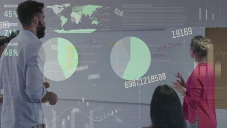 Animation-of-statistical-data-processing-on-diverse-colleagues-discussing-over-white-board-at-office