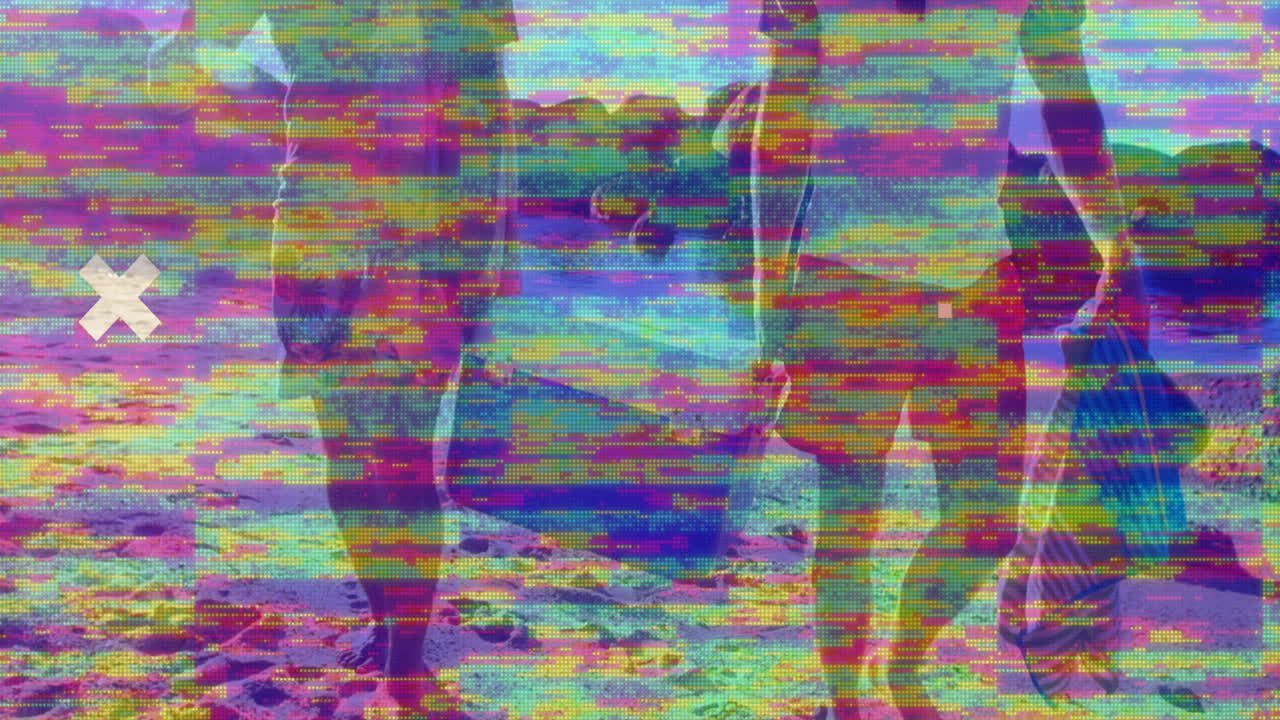 Lidé kráčející po pláži s taškami, obklopeni barevnou glitch animací