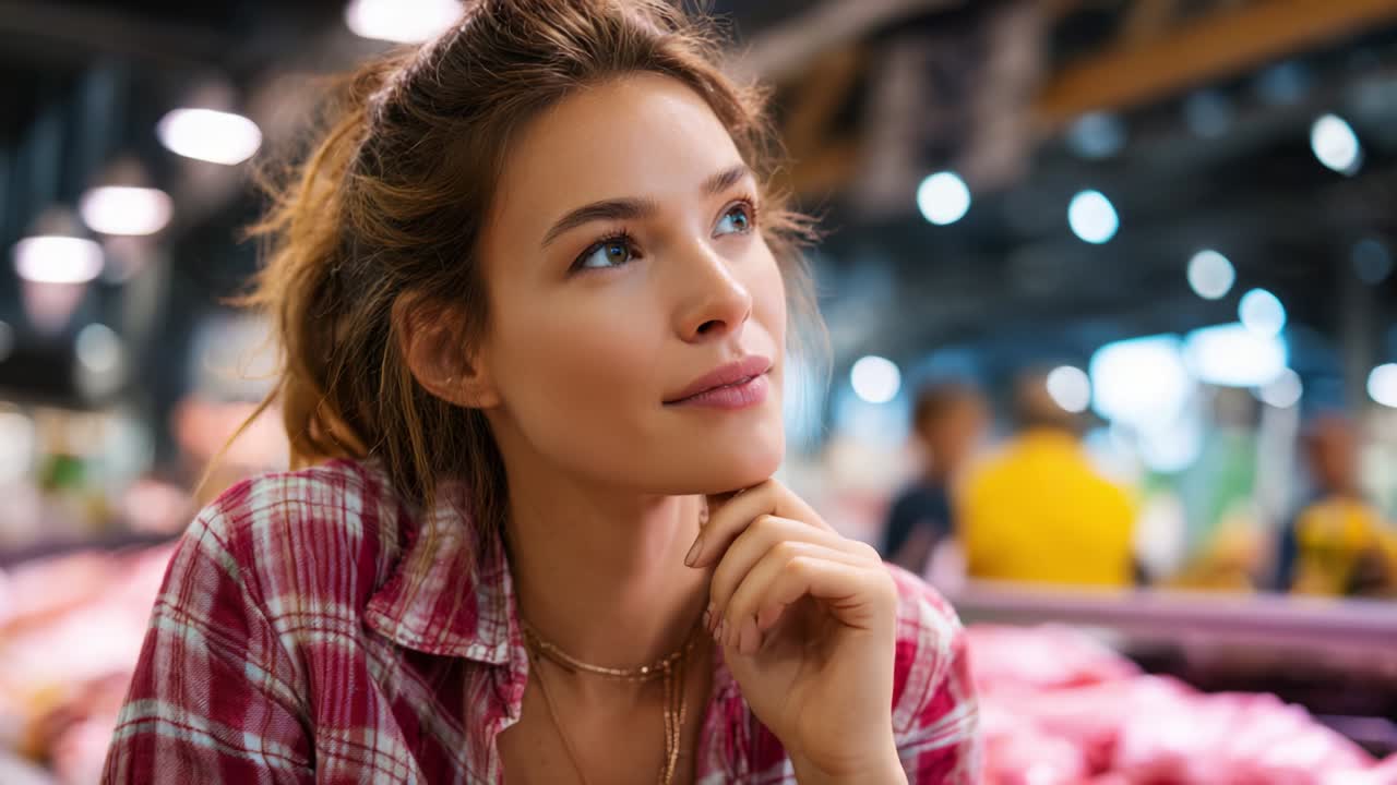 A Thoughtful Woman in a Market Setting Reflects on Possibilities, Exhibiting a Calm Demeanor, Surrounded by Colorful Displays and Soft Lighting, Captured in Two Distinct Frames of Contemplation