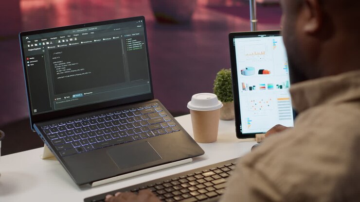 AI software developer creating an algorithm for deep learning and data mining