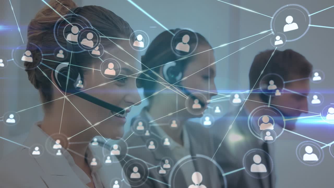 Animation of network of profile icons over diverse colleagues talking on phone headsets at office