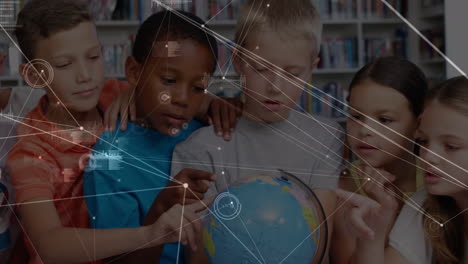 animation of network of connections over diverse schoolchildren with globe