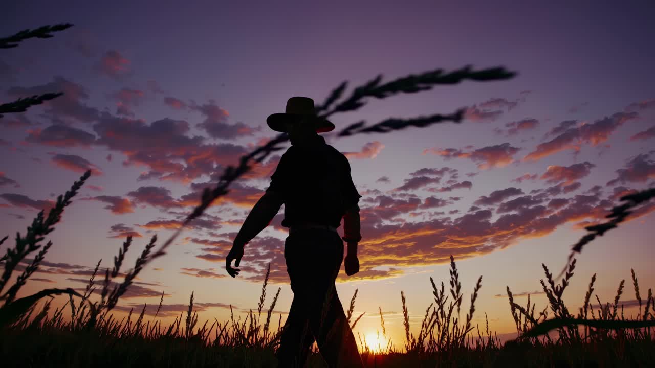 Silhouette of a cowboy walking through a field at sunset, captured from a low angle
