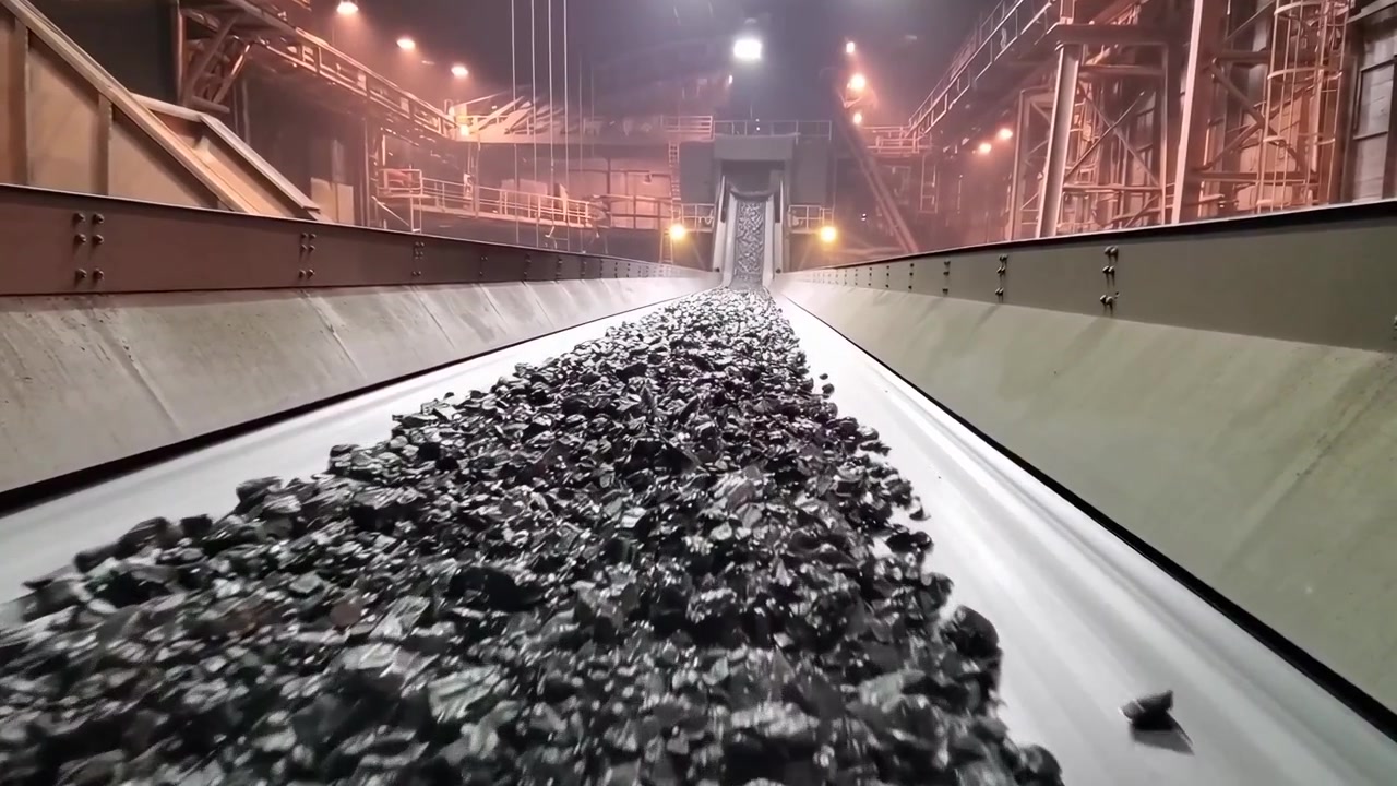 Raw Coal Moving on a Conveyor Belt in a Large Industrial Plant