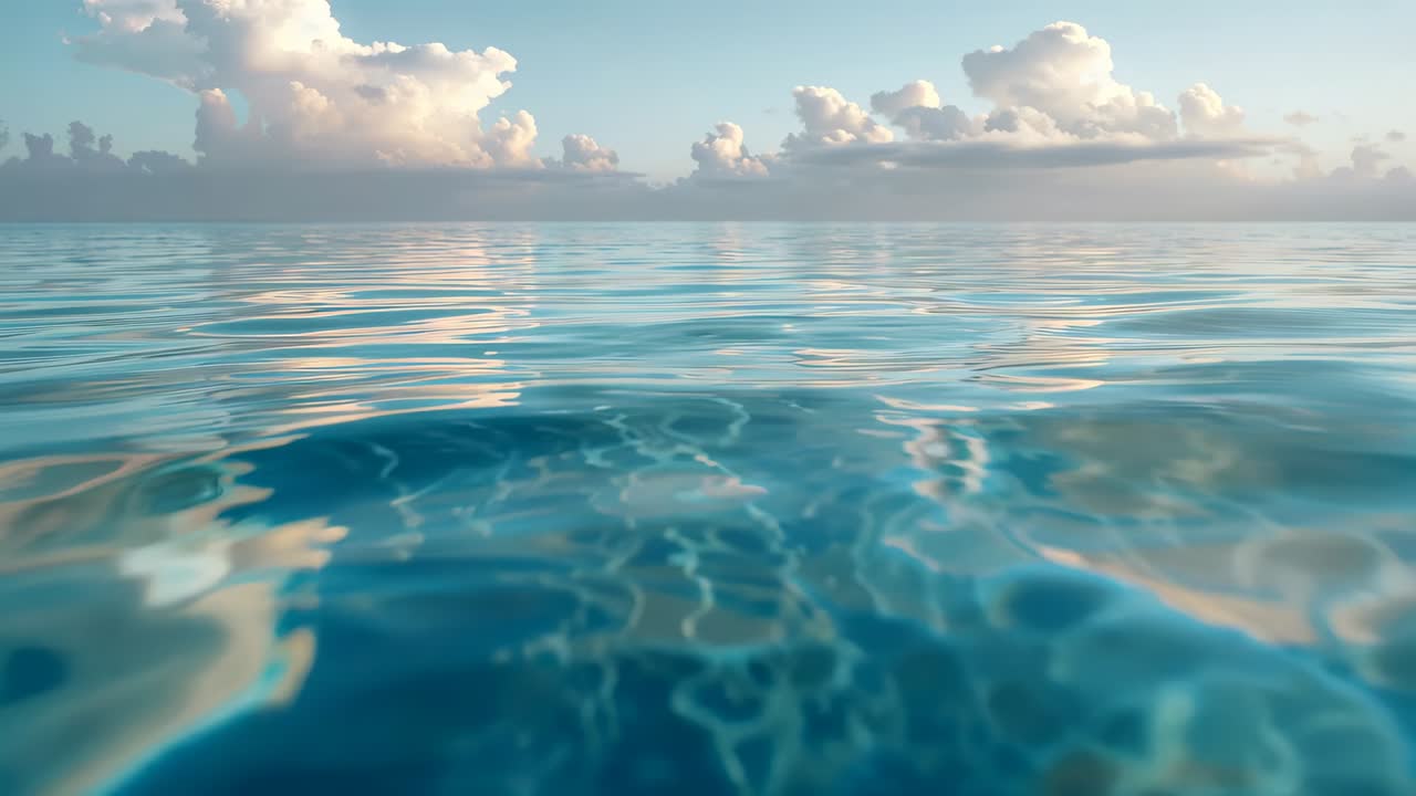 Gliding gentle swell nudging turquoise water forming ripples in shallow lagoon, reflecting clouds