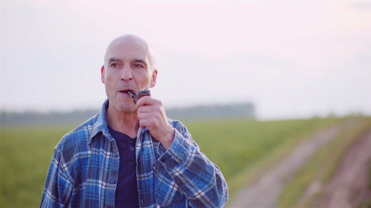 Contented Bald Farmer Smoking His Pipe On Field