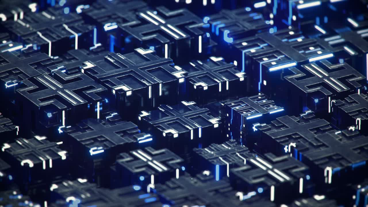 빛나는 큐브의 공상과학 작곡: 플로트 시엄리스 루프 3d 렌더링 애니메이션