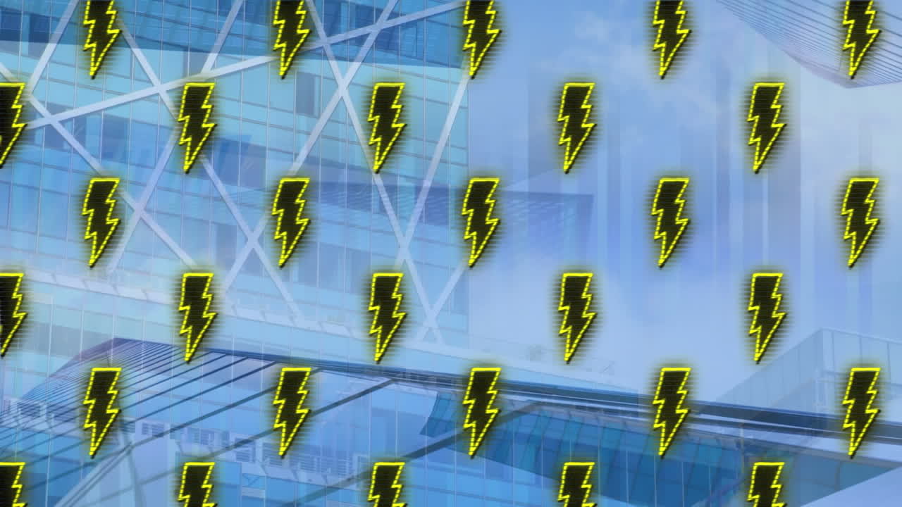 animación de formas de iluminación con patrón abstracto iluminado sobre vista de ángulo bajo del edificio.