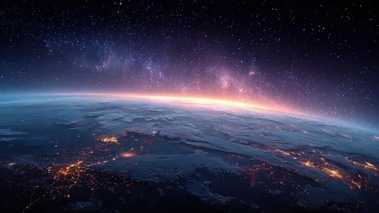 A Stunning View of Earth from Space: Witness the Majestic Contours, Vibrant City Lights, and Cosmic Background that Illuminate Our Planet's Beauty at Dawn