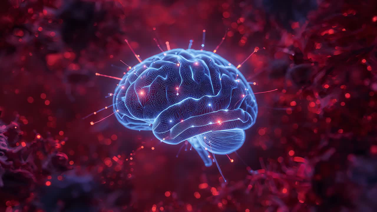 Rotating brain on frontal cue in deep-red field, revealing right side, pulsing filaments and nodes