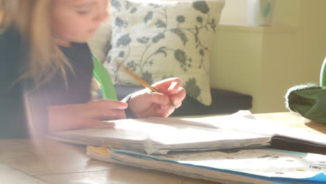 girl sitting at table indoors doing homework