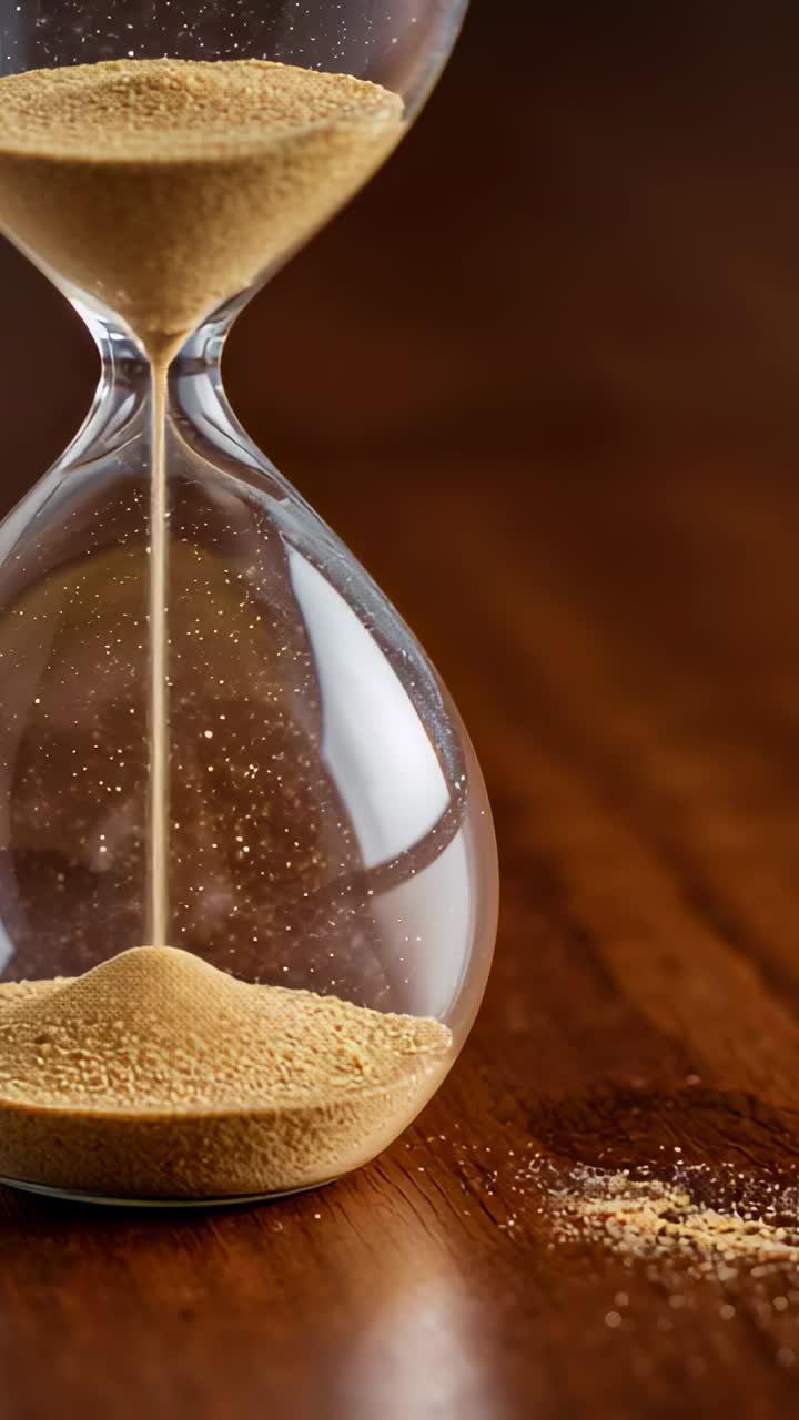 Vertical video: Starting sand flow, clear hourglass pouring tan grains on tabletop and forming pile