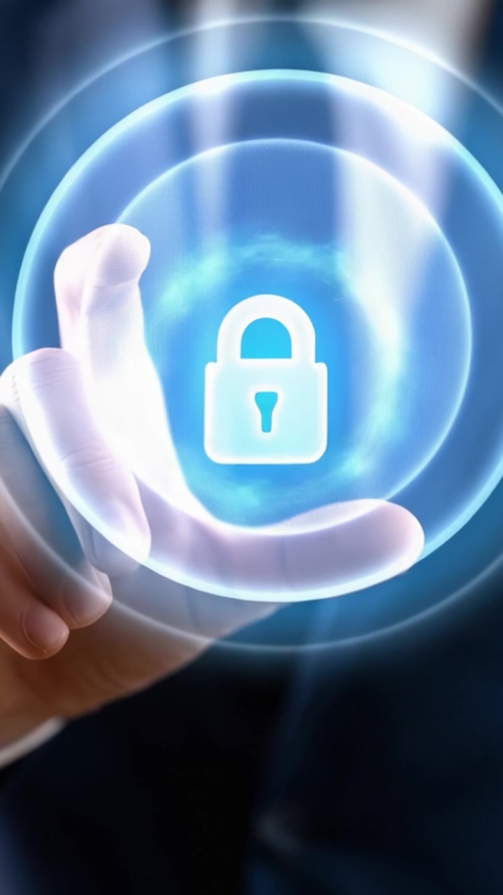 Un Professionista Che Dimostra Concetti di Sicurezza Digitale con un Simbolo di Lucchetto Olografico in Mano, Sottolineando l'Importanza della Cybersecurity nel Mondo di Oggi